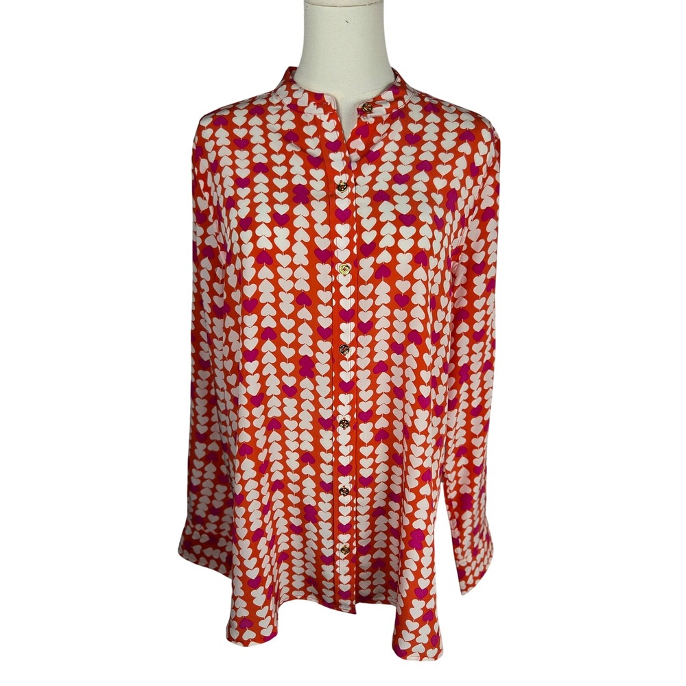 C. Wonder Silk Blouse L Orange Heartstrings Heart Print Button Down Preppy Chic‎